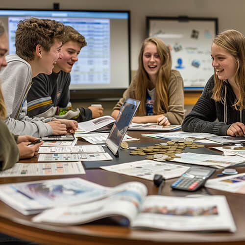 Schüler planen und kalkulieren gemeinsam in Redaktionsrunde die Kosten für Ihre Abizeitung