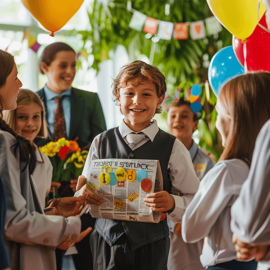 Glücklicher Schüler am ersten Schultag in der Grundschule mit eigener Zeitung