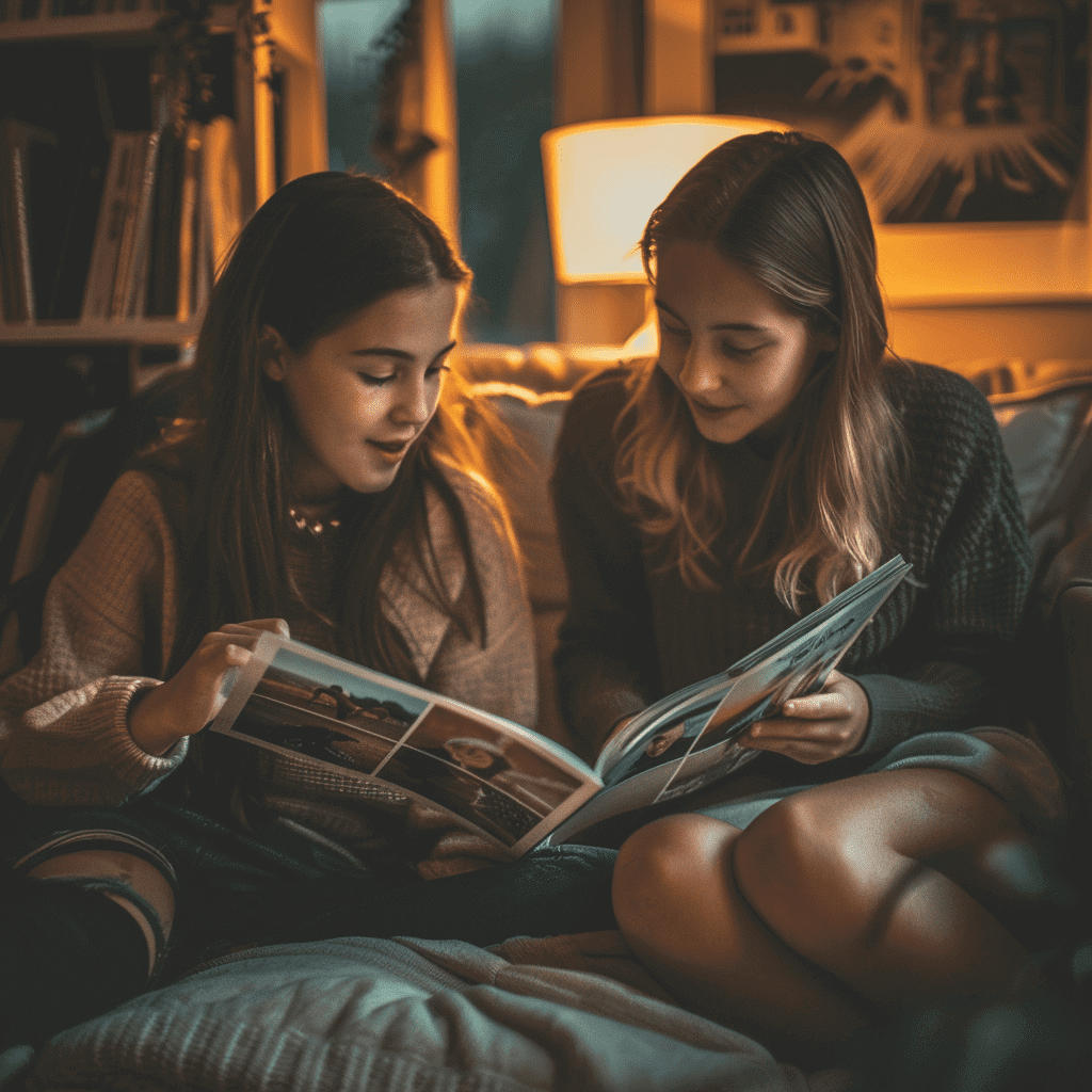 Best friends looking through a self-made photo book at home