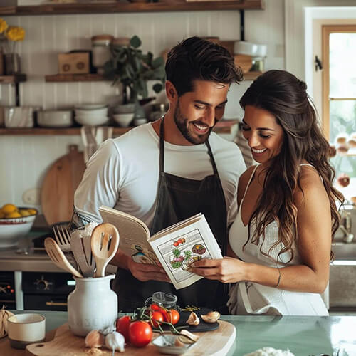 Newlyweds using their self-made wedding cookbook in the kitchen