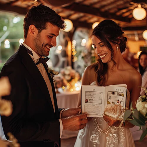 Happy newlyweds receiving a personalised wedding cookbook as a gift on their wedding day