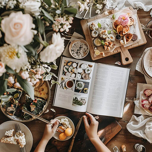 A personalised wedding cookbook open on a kitchen table with ingredients