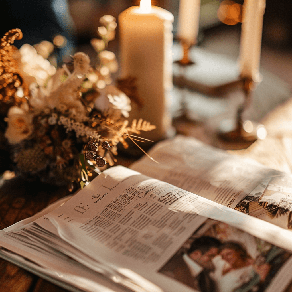 Self-made wedding newspaper on a festive table