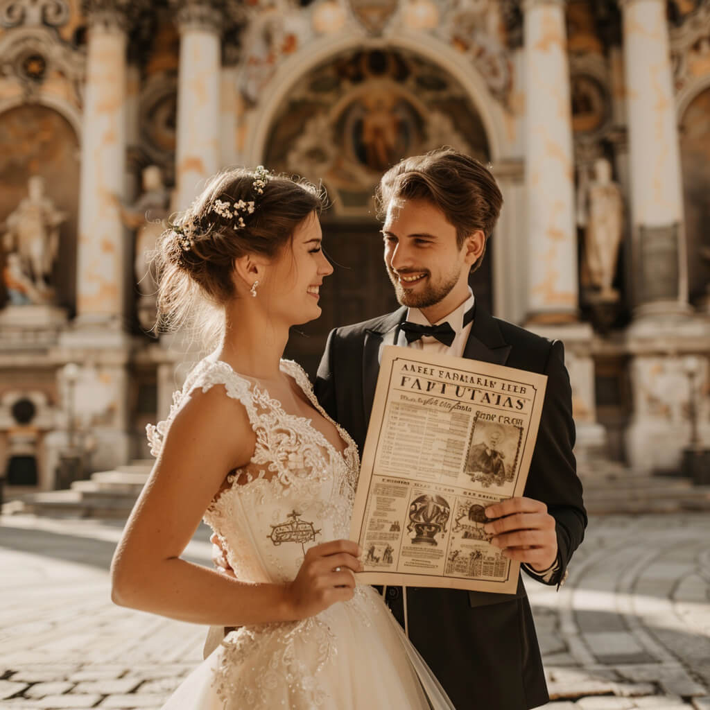 Brautpaar mit individuell gedruckter Hochzeitszeitung in Vintage-Optik