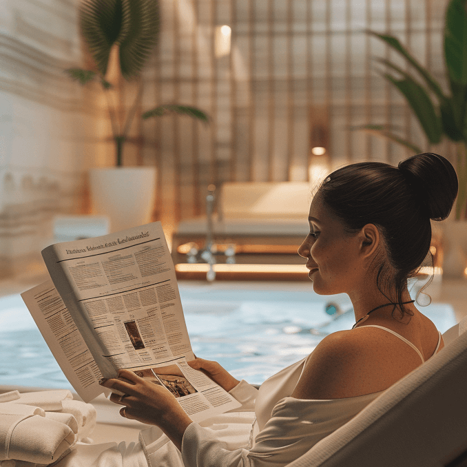 Glücklicher Gast liest hauseigene Hotelzeitung im Wellness-Bereich eines eleganten Hotels