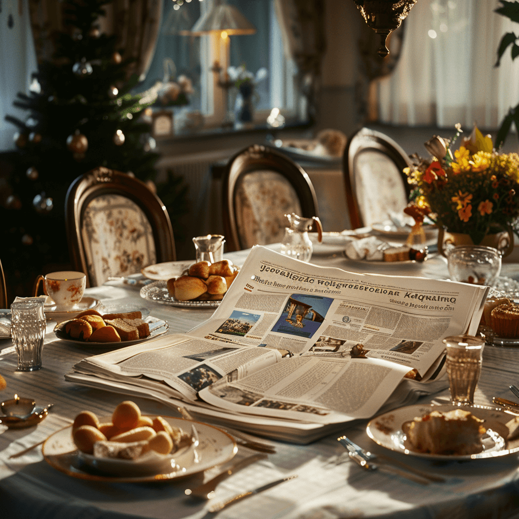 Personalisierte Jugendweihezeitung ausgebreitet auf Esstisch während Familienfeier