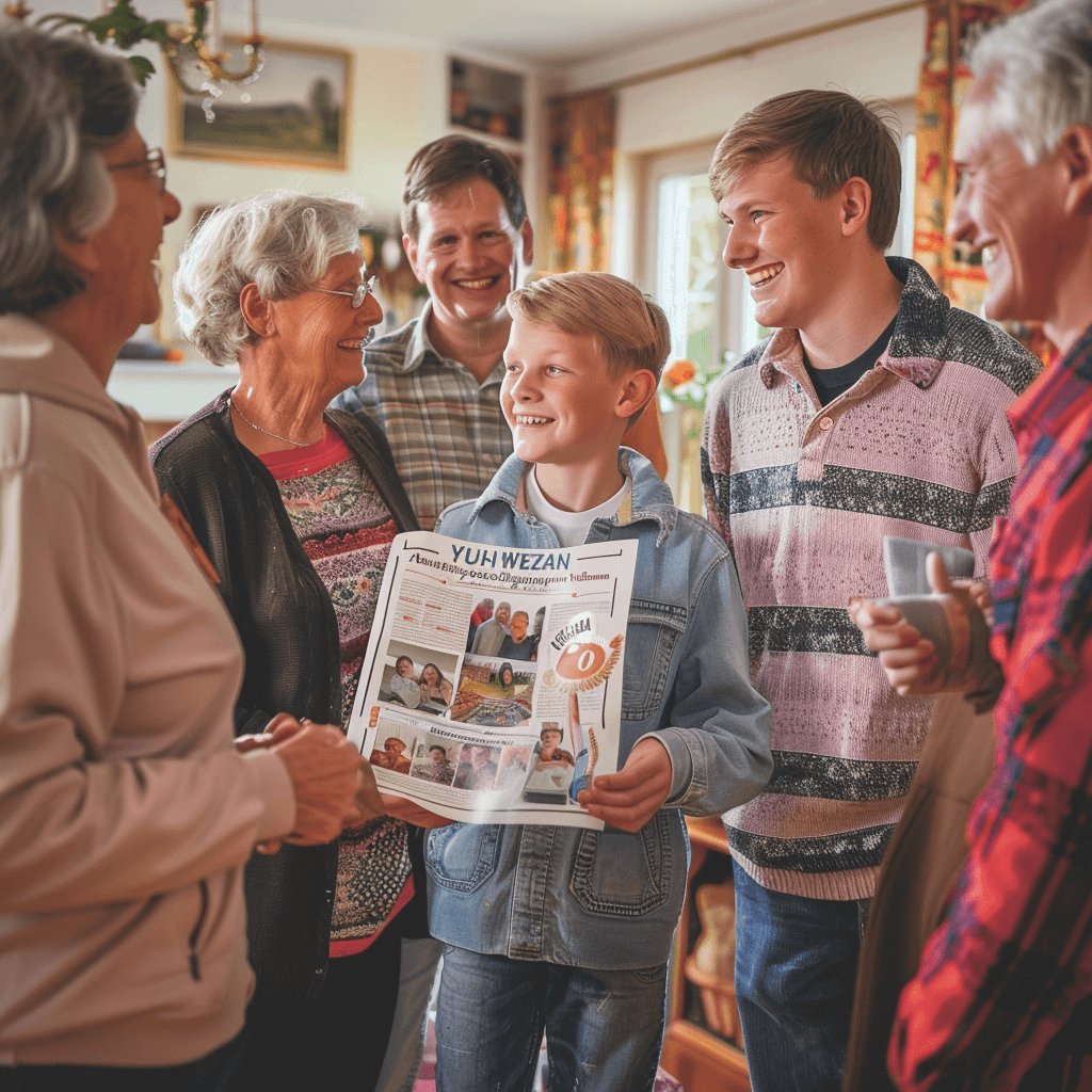 Glückliches Jubiläumskind mit individuell gedruckter Jugendweihezeitung im Kreise der Familie