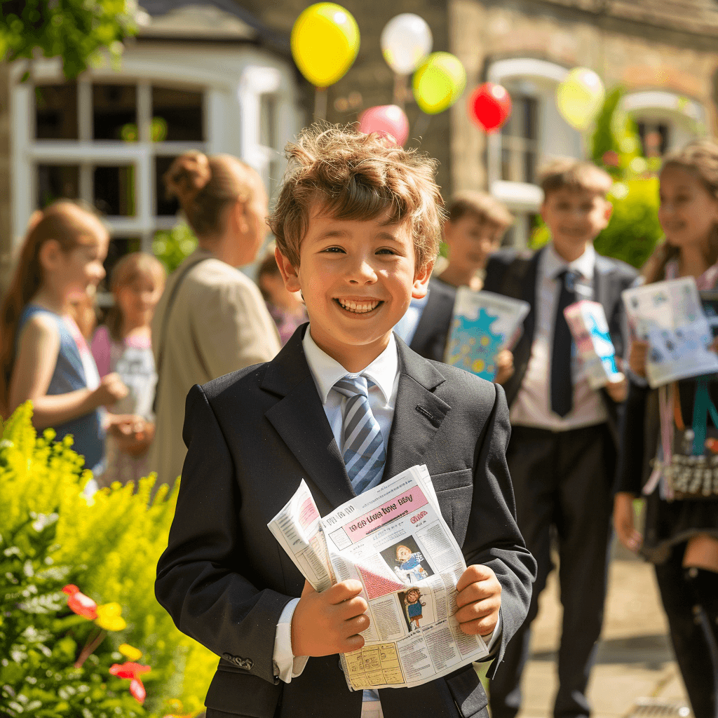 Student at school enrolment ceremony with own newspaper