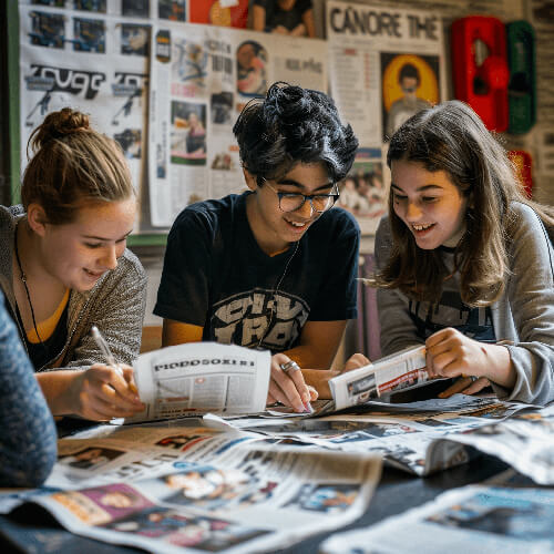 Mehrere Schüler sammeln in redaktionsrunde Themen und Ideen für Ihre Schülerzeitung