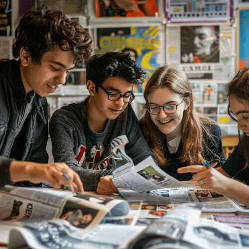 Students work in editorial meeting on own school newspaper