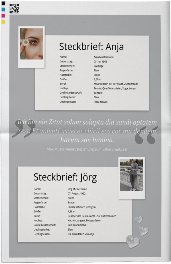 Beispiel für einen Steckbrief in einer Hochzeitszeitung zur Silbernen Hochzeit