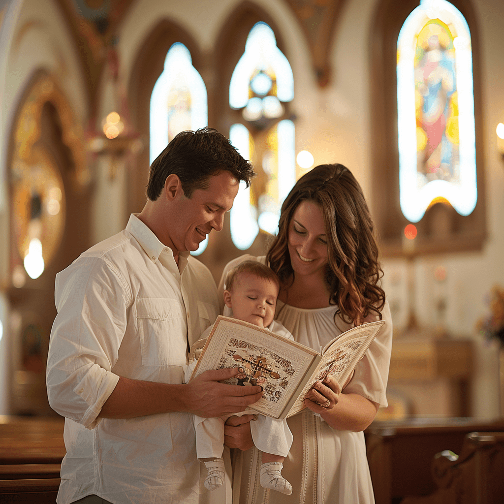 Glückliche Eltern mit Baby und Taufheft in einer Kirche