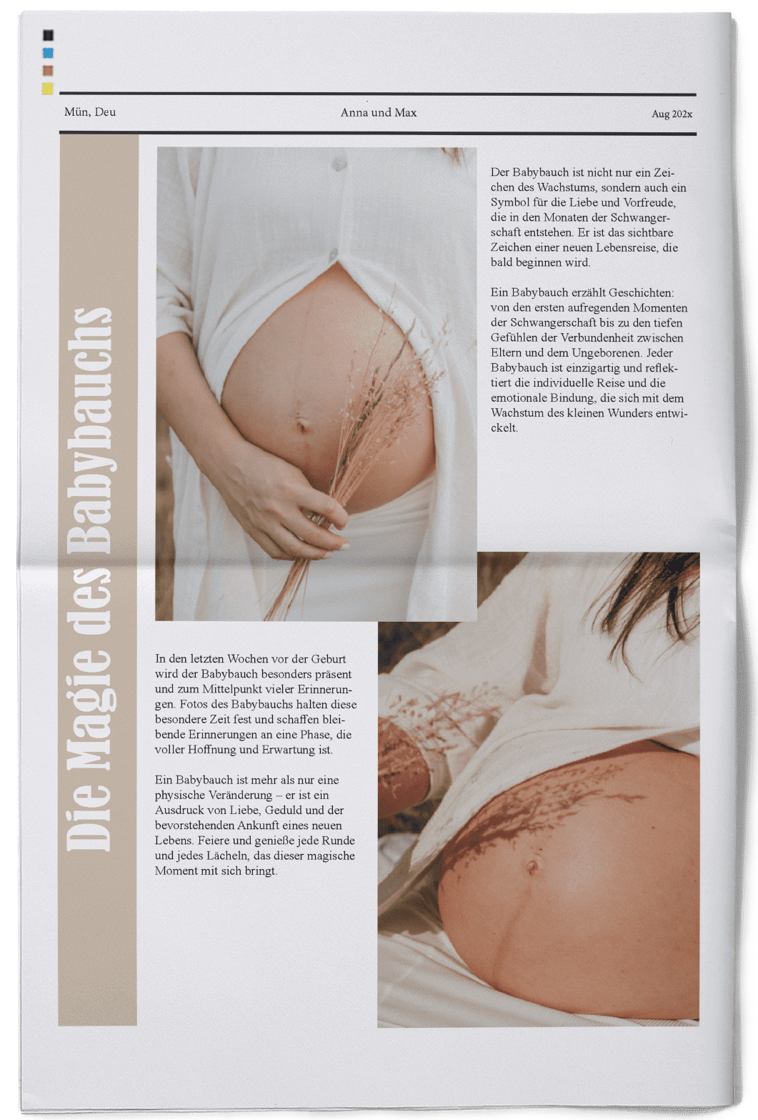 Template for newspaper about a baby with baby bump photos