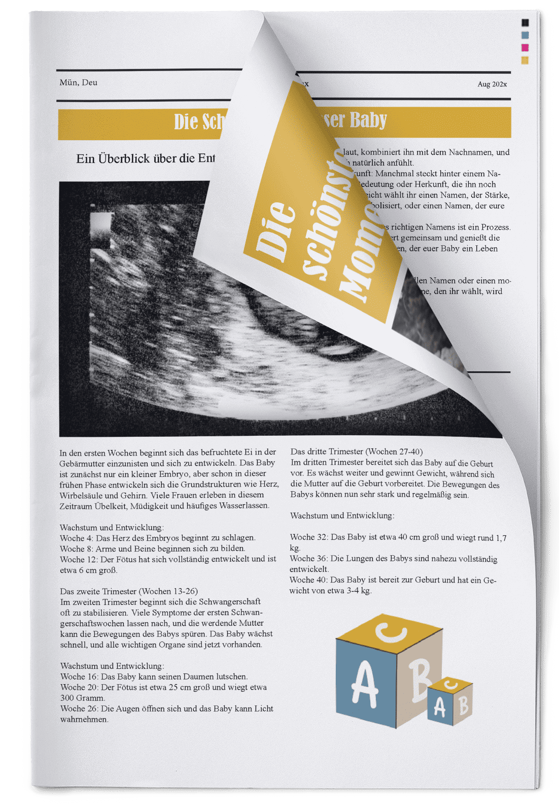 Vorlage für Zeitung zum Thema Baby is coming mit Ultraschallbildern