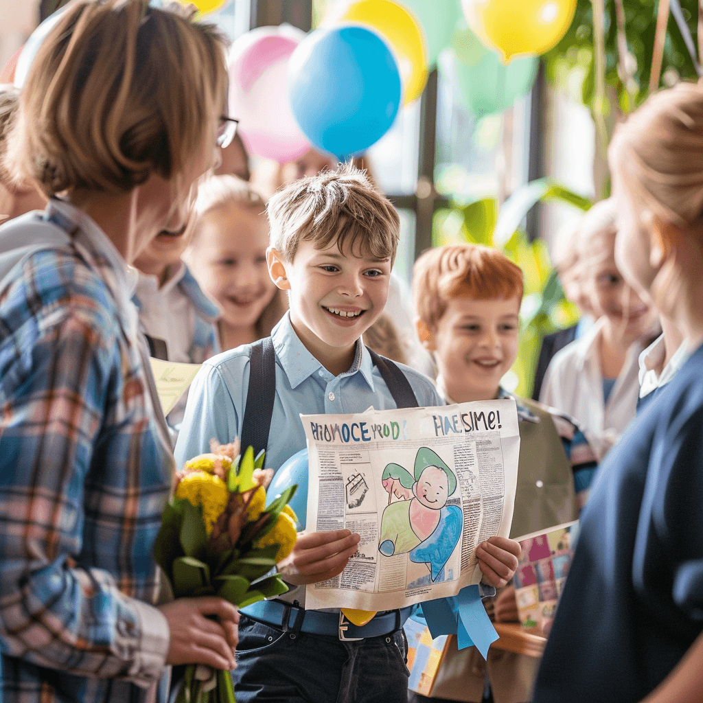 Lächelnder Schüler mit Zeitung zur Einschulung als Geschenk